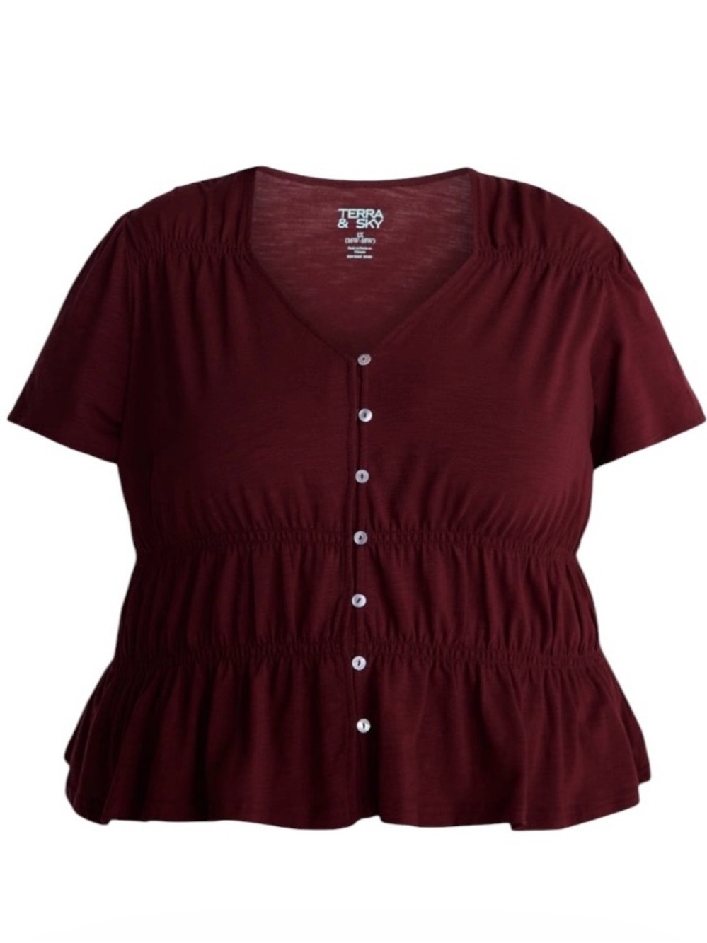 Terra & Sky Women's Burgundy Button-Front Peplum Top
